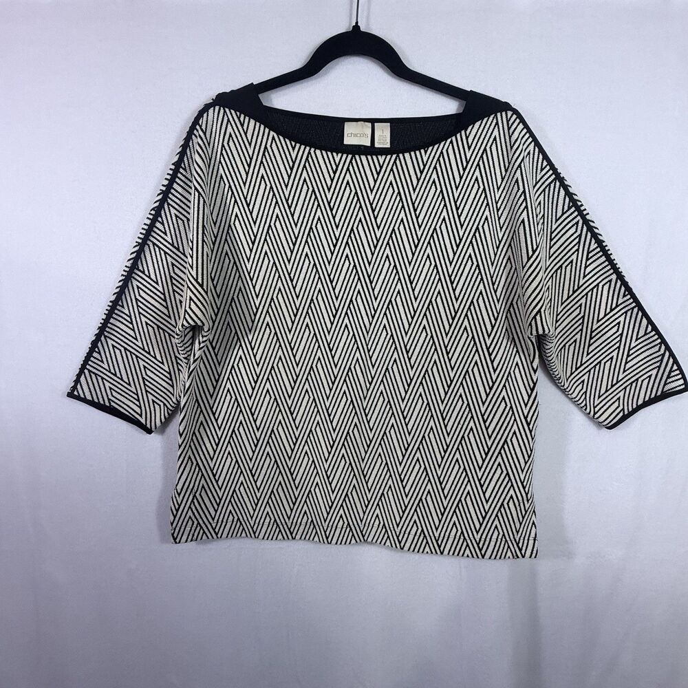 Chico's Cream Black Diamond Jacquard 3/4 Sleeve Top Blouse Size 1 US M Workwear